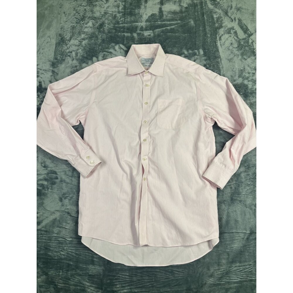 Charles Tyrwhitt Mens Non-Iron Pink Striped Button-Up Shirt Size 17/35